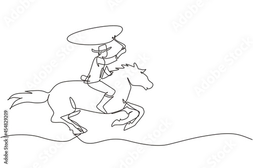Continuous one line drawing cowboy on horse galloping across desert. Cowboy on bucking horse running with lasso. Cowboy with rope lasso on horse. Single line draw design vector graphic illustration