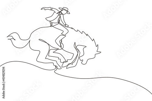 Single one line drawing cowboy taming wild horse at rodeo. cowboy on wild horse mustang. Rodeo cowboy riding wild horse on wooden sign. Modern continuous line draw design graphic vector illustration