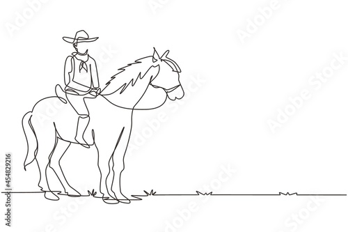 Single continuous line drawing young man with cowboy hat riding horse. Senior men pose elegance on horseback. Cowboy riding standing horse. Dynamic one line draw graphic design vector illustration