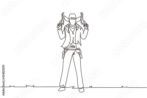 Single continuous line drawing American cowboys holding and raised his two guns up. Old wild west gunslinger holding two guns. Weapons for self-defense. Dynamic one line draw graphic design vector