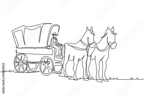 Single one line drawing vintage western stagecoach with horses. Wild west covered wagons and cowboy in desert landscape. Western with old wagon. Continuous line draw design graphic vector illustration
