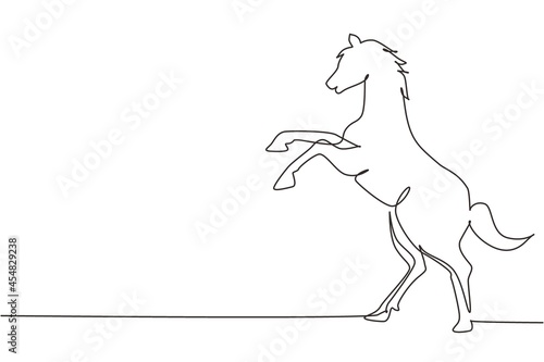 Single continuous line drawing rearing up wild horse. Strong character. Equestrian jumping training. Horse racing logo symbol  equestrian sport badge. One line draw graphic design vector illustration