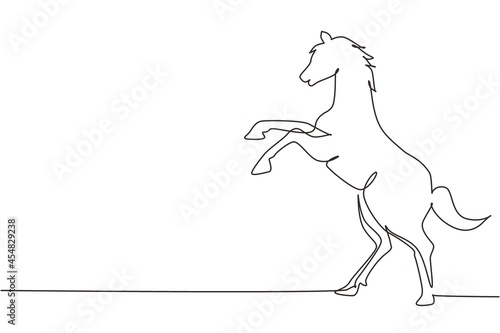 Single continuous line drawing rearing up wild horse. Strong character. Equestrian jumping training. Horse racing logo symbol, equestrian sport badge. One line draw graphic design vector illustration