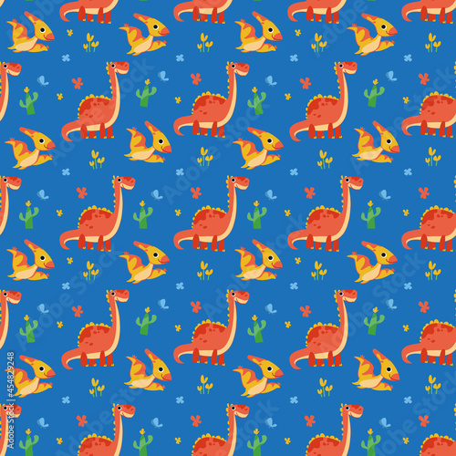 Seamless pattern with cute cartoon dinosaurs and pterodactyls on a bright blue background. Colorful orange prehistoric lizards. Children s illustration by hand for printing on fabric and for design