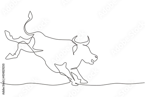 Single one line drawing rampage bull kick back at rodeo arena. Strong bull rodeo with hind legs raised or kicking mighty. Angry rodeo bull show. Continuous line draw design graphic vector illustration
