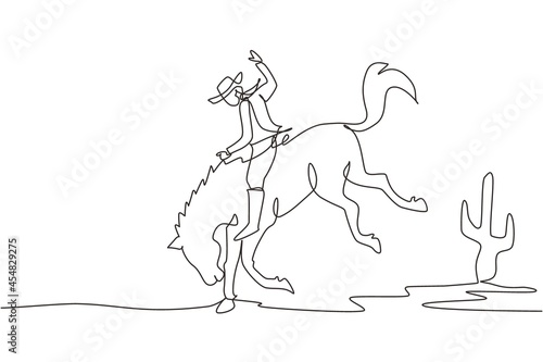 Single continuous line drawing cowboy on wild horse mustang. Rodeo cowboy riding wild horse on wooden sign. Cowboy riding wild horse race. Dynamic one line draw graphic design vector illustration