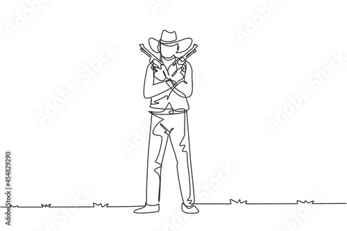 Single one line drawing wild west gunslinger holding two guns. American cowboys holding his two weapons above his chest. Weapons for self-defense. Modern continuous line draw design graphic vector