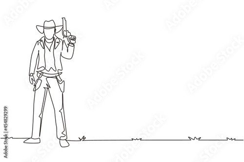 Single continuous line drawing smart cowboy with hat holding his gun. American gunslinger style holding gun concept. Weapons for self-defense. Dynamic one line draw graphic design vector illustration photo
