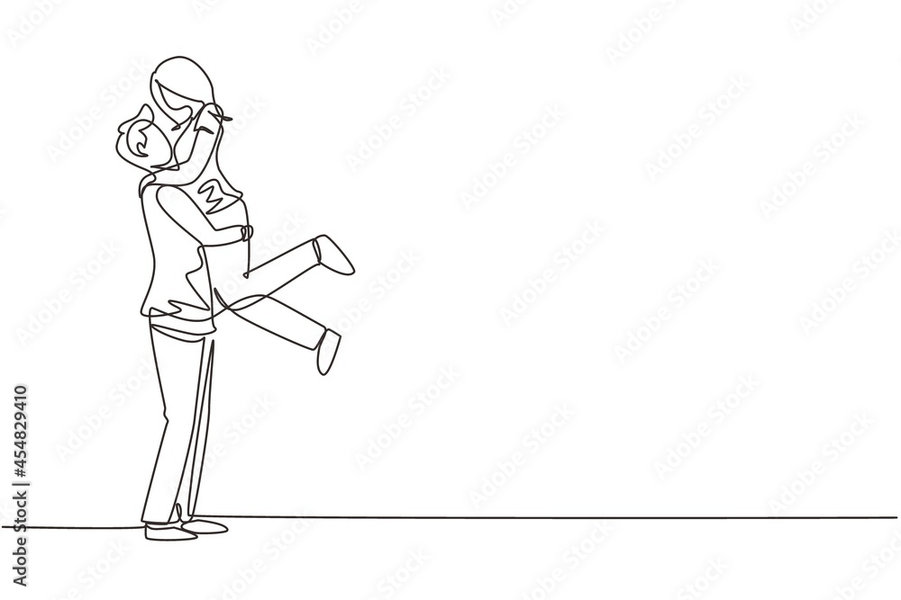 Single one line drawing happy man carrying and embracing woman. Couple dating characters. Romantic couple relationship celebrate anniversary. Continuous line draw design graphic vector illustration Single one line drawing happy man carrying and embracing woman. Couple dating characters. Romantic couple relationship celebrate anniversary. Continuous line draw design graphic vector illustration