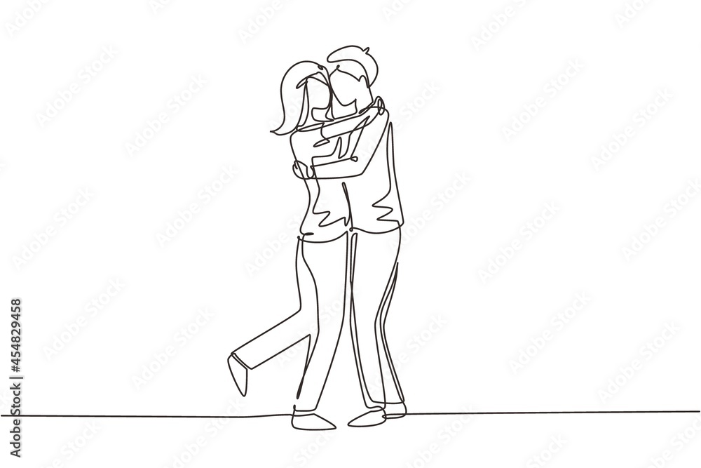 Single one line drawing cute couple in romantic pose. Happy man hugging his partner woman.