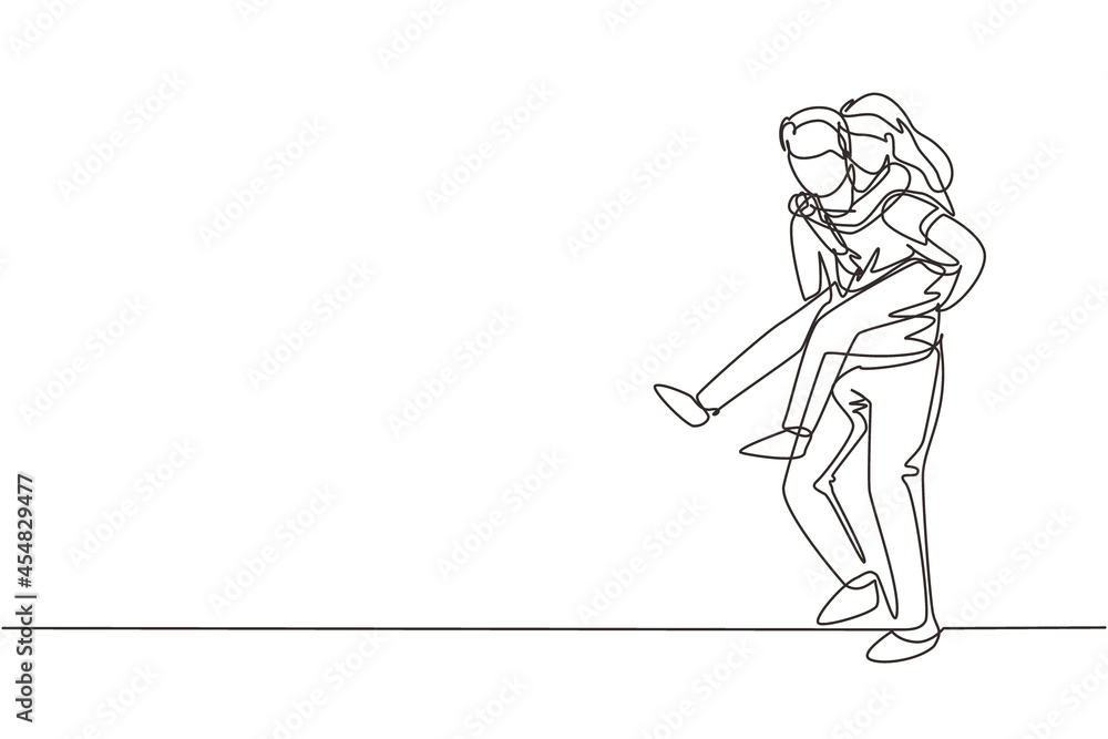 Single continuous line drawing Man carry his girlfriend on his back. Happy romantic couple in love. Relationship concept in always supporting and helping in any situation. One line draw graphic vector Single continuous line drawing Man carry his girlfriend on his back. Happy romantic couple in love. Relationship concept in always supporting and helping in any situation. One line draw graphic vector