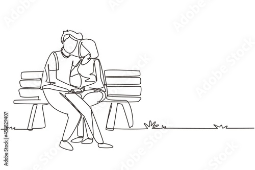 Single continuous line drawing romantic couple. Woman man sitting on bench in city park. Happy family concept. Intimacy celebrates wedding anniversary. One line draw graphic design vector illustration