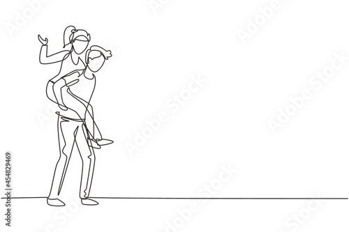 Single continuous line drawing teenage couple with man carrying woman on his back during music festival. Happy young romantic couple in love. Dynamic one line draw graphic design vector illustration