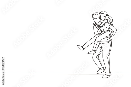 Single continuous line drawing Man carry his girlfriend on his back. Happy romantic couple in love. Relationship concept in always supporting and helping in any situation. One line draw graphic vector