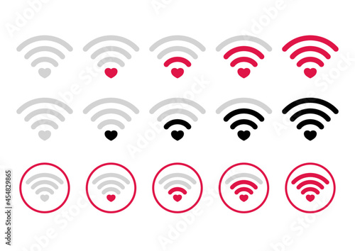 Piktogram wifi. Zestaw ikon sygnał wifi z serduszkiem. Siła sygnału wifi na białym tle. Światowy symbol komunikacji, zasięgu sieci.