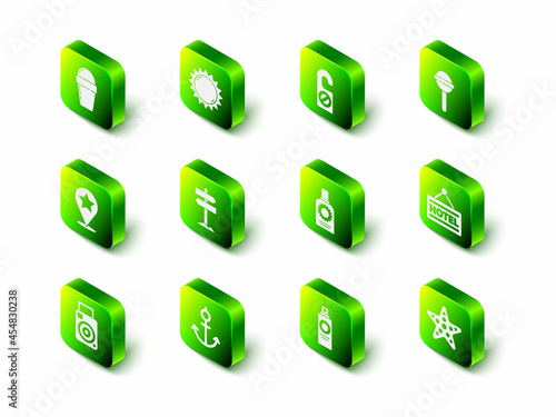 Set Sun, Please do not disturb, Lollipop, Signboard with text Hotel, Starfish, Sunscreen spray bottle, and Anchor icon. Vector