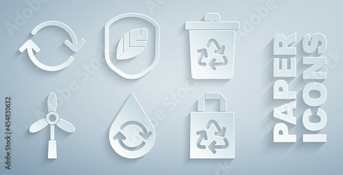Set Recycle clean aqua, bin with recycle, Wind turbine, Paper bag, Shield leaf and Refresh icon. Vector