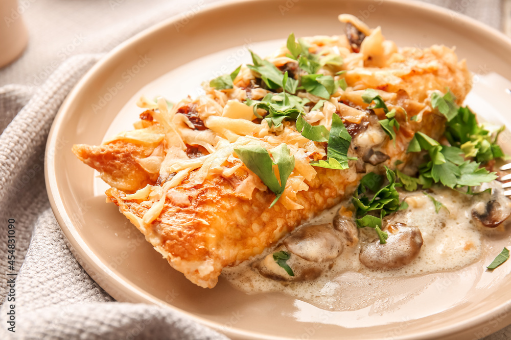 Plate with piece of delicious casserole with minced meat, closeup