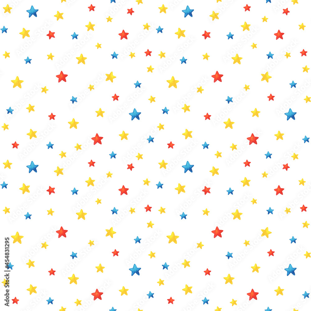 Colored stars on an endless white background. Seamless pattern with small watercolor figures. Bright print in red, blue, yellow colors for fabric, paper, packaging, textiles, scrapbooking