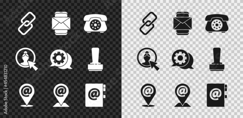 Set Chain link, Mobile and envelope, Telephone, Location mail e-mail, Address book, Create account screen and Speech bubble chat icon. Vector