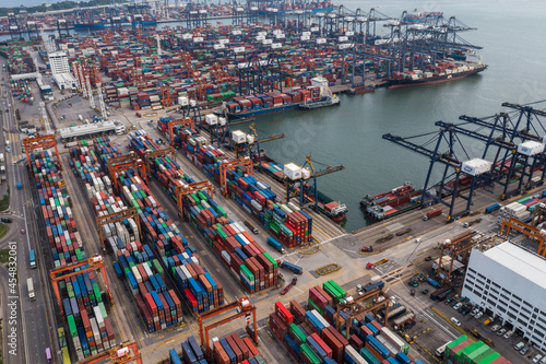 Drone fly over Hong Kong container port © leungchopan