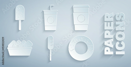 Set Fried sausage, Coffee cup to go, Chicken nuggets in box, Donut, Paper glass with straw and Ice cream icon. Vector