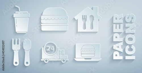 Set Fast delivery by car, Online ordering and, Fork spoon, burger, Burger and Coffee cup to go icon. Vector