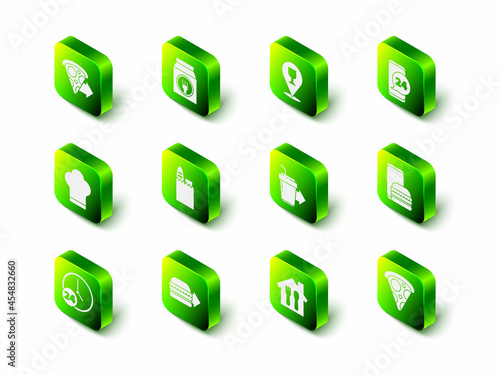 Set Online ordering and delivery, Alcohol beer bar location, Food, Slice of pizza, Coffee cup to go, and burger icon. Vector