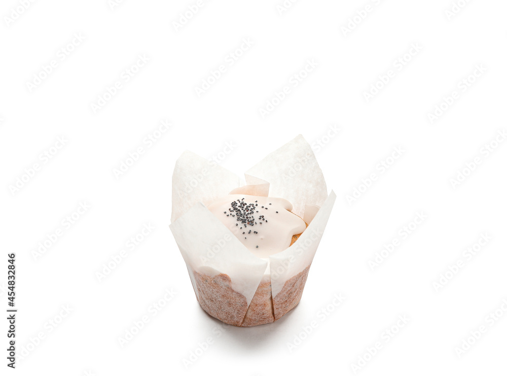 Delicious glazed muffin with poppy seeds on white background Delicious glazed muffin with poppy seeds on white background