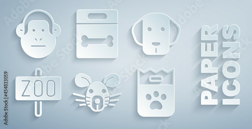 Set Rat head, Dog, Zoo park, Bag of food, bone and Monkey icon. Vector