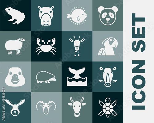Set Turtle, Wild boar head, Macaw parrot, Puffer fish, Crab, Sheep, Frog and Giraffe icon. Vector photo