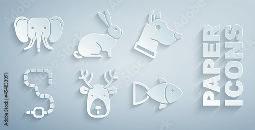 Set Deer head with antlers, Dog, Worm, Fish, Rabbit and Elephant icon. Vector