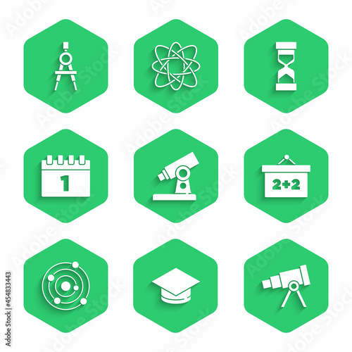 Set Microscope, Graduation cap, Telescope, Chalkboard, Solar system, Calendar first september date, Old hourglass with sand and Drawing compass icon. Vector