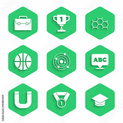 Set Solar system, Medal, Graduation cap, Alphabet, Magnet, Basketball ball, Chemical formula and Briefcase icon. Vector