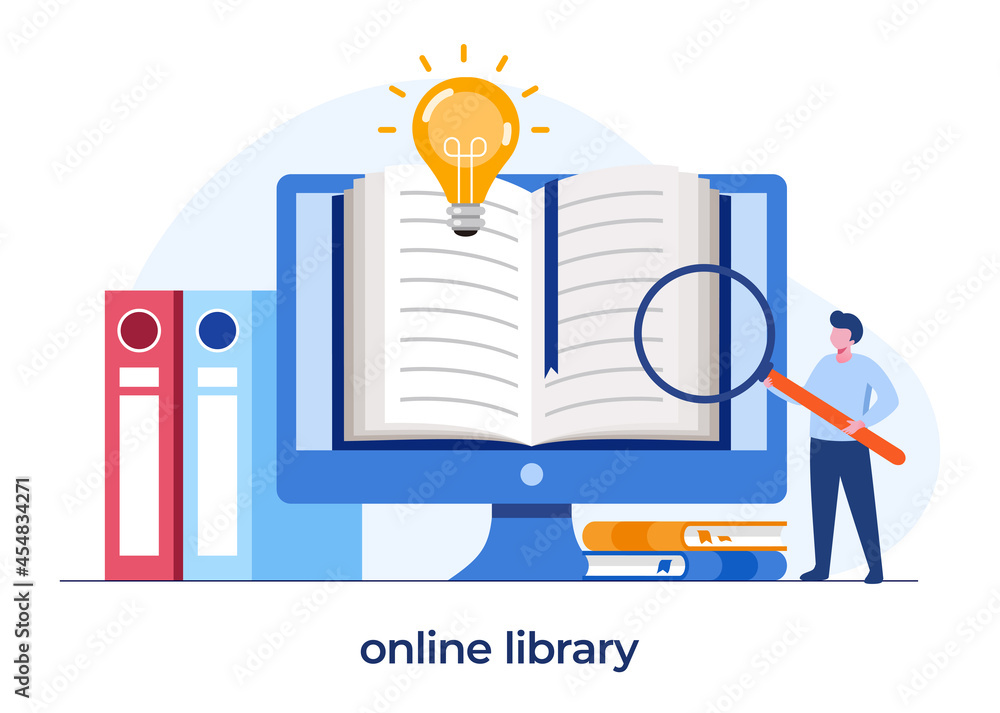 online library for education, online reference concept, book, literature or elearning, flat illustration vector - obrazy, fototapety, plakaty 