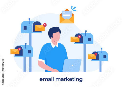 email marketing, online business strategy, advertisement, man with a laptop, flat illustration vector