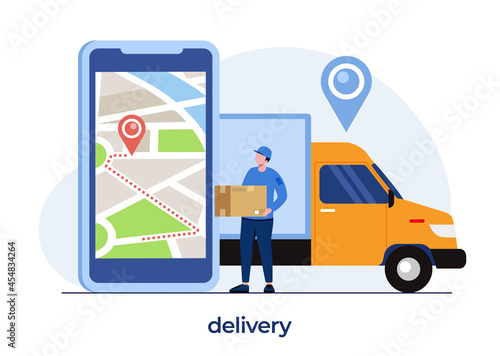 delivery services concept, online delivery application, fan with package, shipping, deliveryman, flat illustration vector
