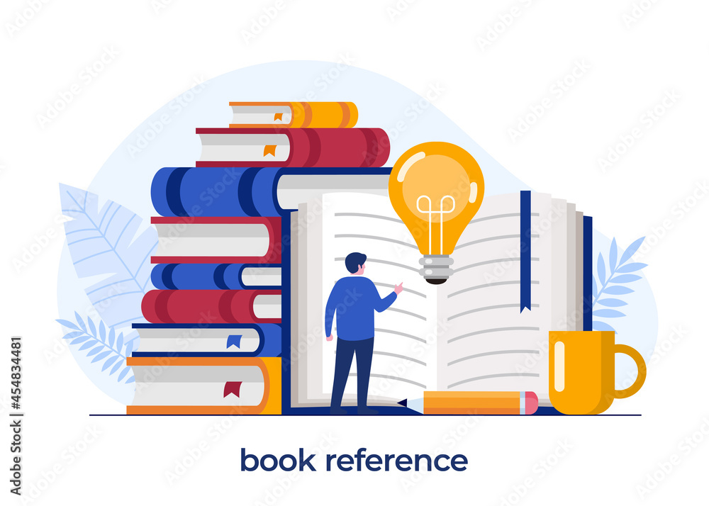 book reference concept, library, literature, education concept design, idea, brainstorming, flat illustration vector template - obrazy, fototapety, plakaty 
