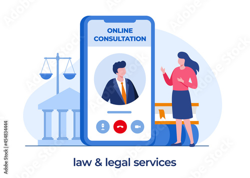 law firm and legal services concept, online consultation, lawyer, judgment, flat illustration vector