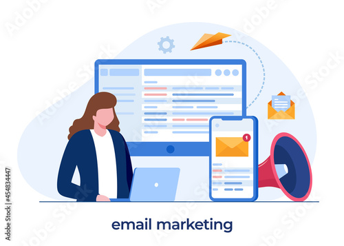 email marketing, online business strategy, advertisement, man with a laptop, flat illustration vector