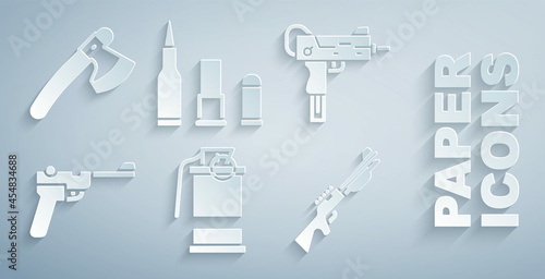 Set Hand smoke grenade, UZI submachine gun, Mauser, Hunting, Bullet and Wooden axe icon. Vector