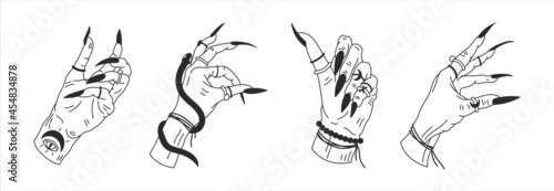 Witch's hands in different positions. Mystical graphic outline vector illustration