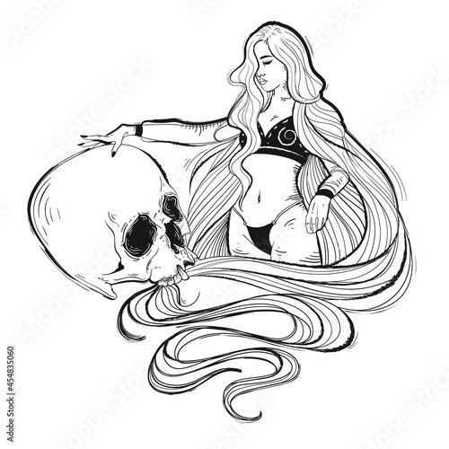 Girl with a skull. Outline hand drawn vector illustration