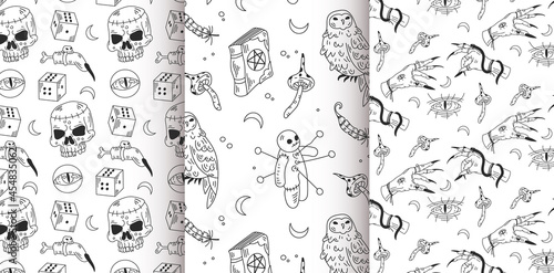 Hand draw doodle hallowen patterns on a white background. Vector line art