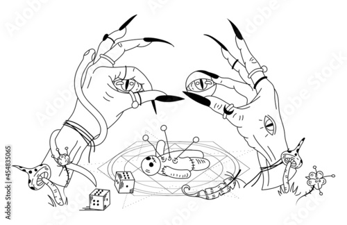 Witch's hands and voodoo doll. Mystical hand drawn doodle vecton illustration