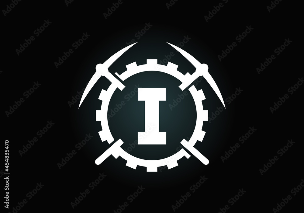 Initial I monogram letter alphabet with pickaxe and gear sign. Mining logo design concept. Modern vector logo for mining business and company identity. Initial I monogram letter alphabet with pickaxe and gear sign. Mining logo design concept. Modern vector logo for mining business and company identity.