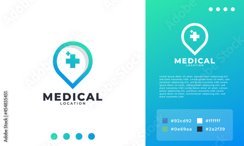 Medical Location Logo Design Vector, Plus Icon with Pin Map Logo Combination. Suitable for Business and Medical Icon