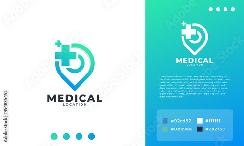 Medical Location Logo Design Vector, Plus Icon with Pin Map Logo Combination. Suitable for Business and Medical Icon