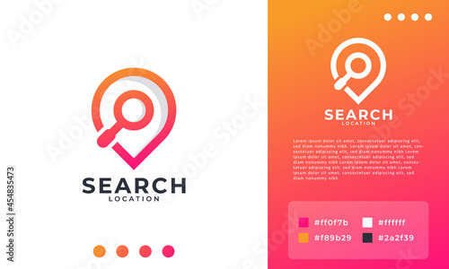 Pin maps symbol. Search internet web with magnifying glass locator vector logo design element