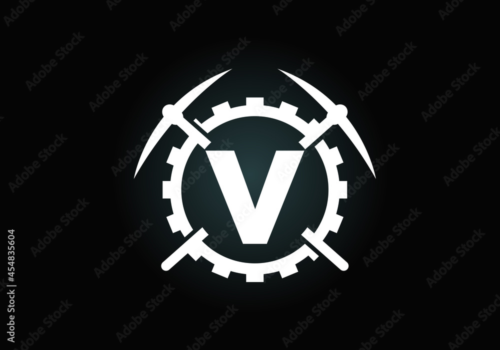Initial V monogram letter alphabet with pickaxe and gear sign. Mining logo design concept. Modern vector logo for mining business and company identity. Initial V monogram letter alphabet with pickaxe and gear sign. Mining logo design concept. Modern vector logo for mining business and company identity.
